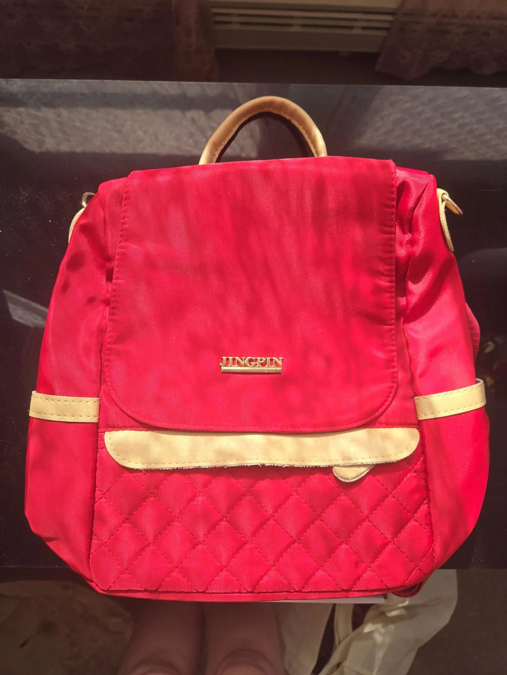 Jingpin Red Quilted Backpack with Cream Trim